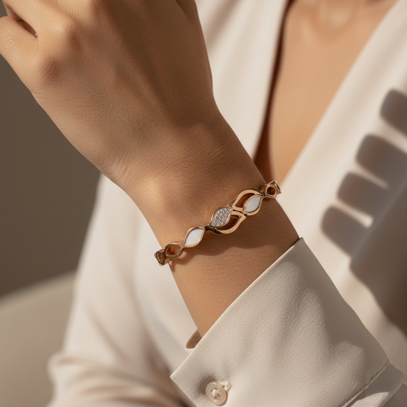 Rose Gold Bracelet with Sparkling Leaf Pattern