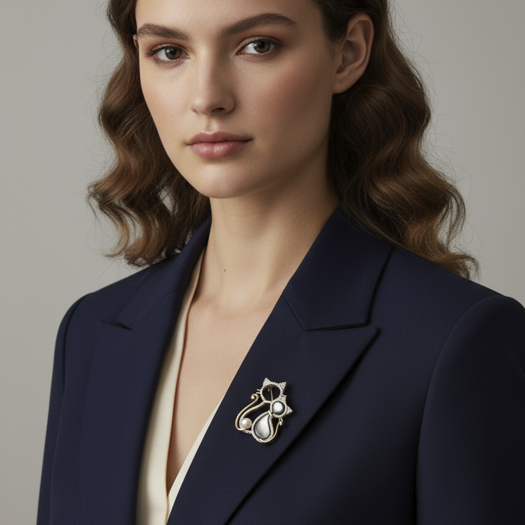 Women’s Elegant Cat Brooch in Gold with Pearl Accents