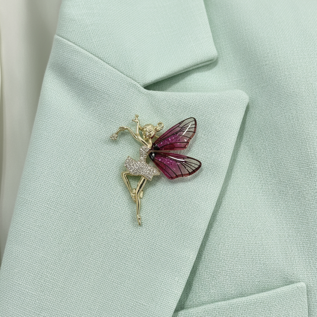 Women’s Fairy Brooch in Gold with Pink Wings