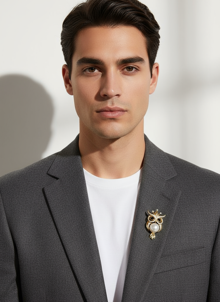 Men’s Owl Brooch in Gold with Pearl Accent