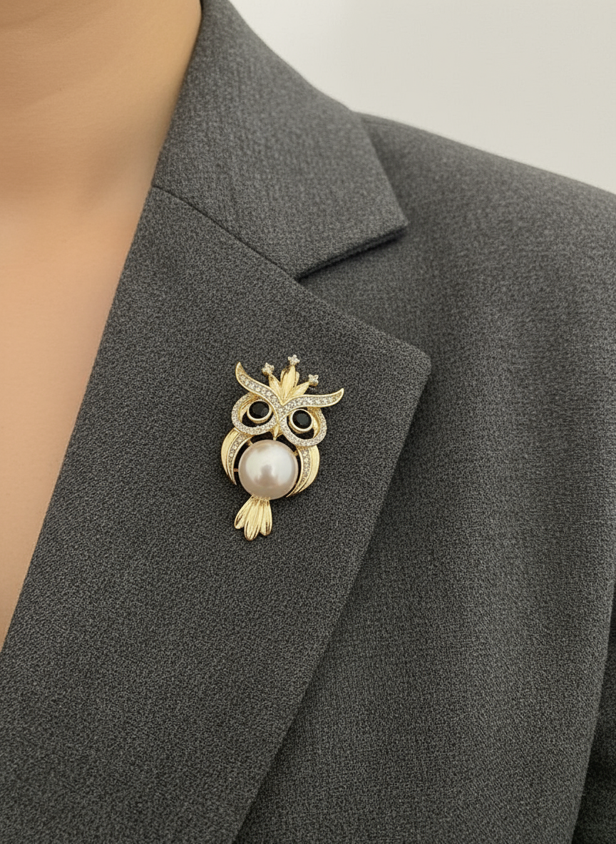 Men’s Owl Brooch in Gold with Pearl Accent