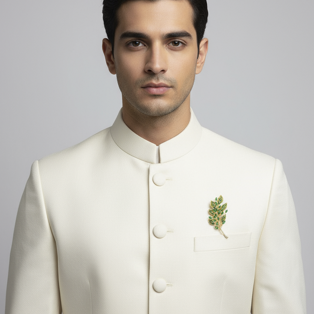 Unisex Leaf Brooch in Gold with Green Stones