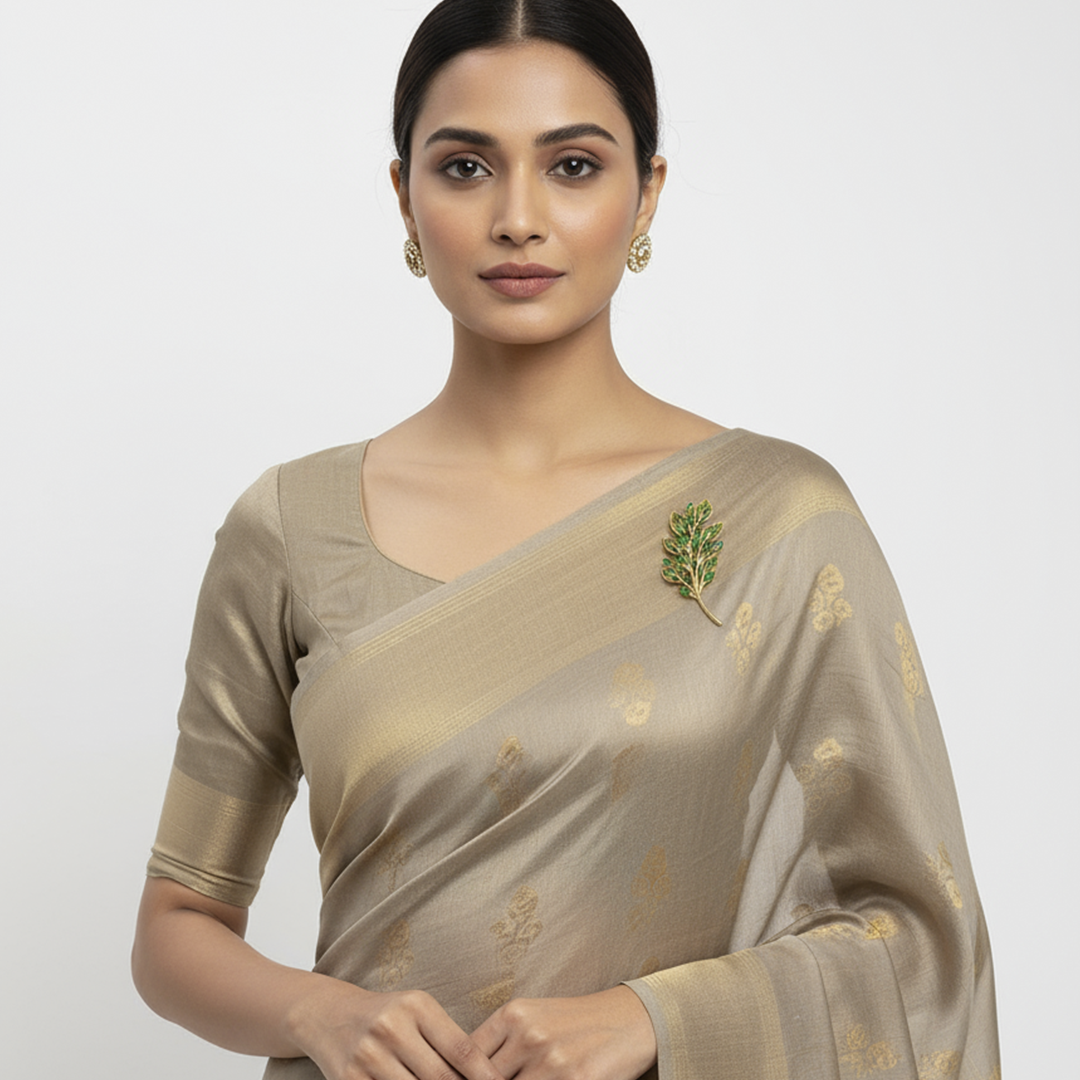 Unisex Leaf Brooch in Gold with Green Stones