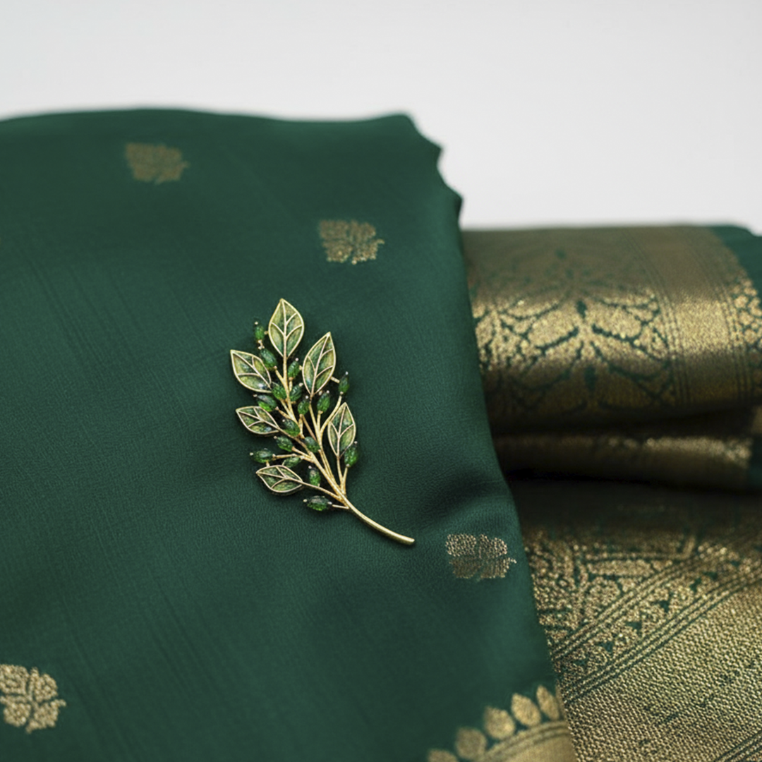 Unisex Leaf Brooch in Gold with Green Stones