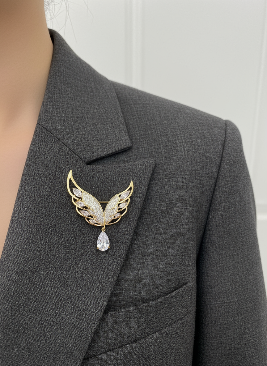 Unisex Wing Brooch in Gold with Crystal Drop