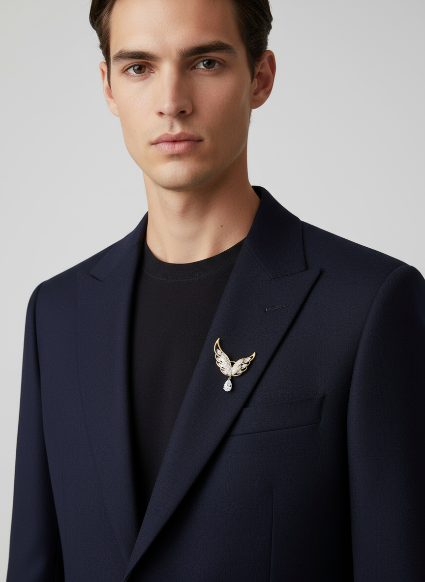 Unisex Wing Brooch in Gold with Crystal Drop