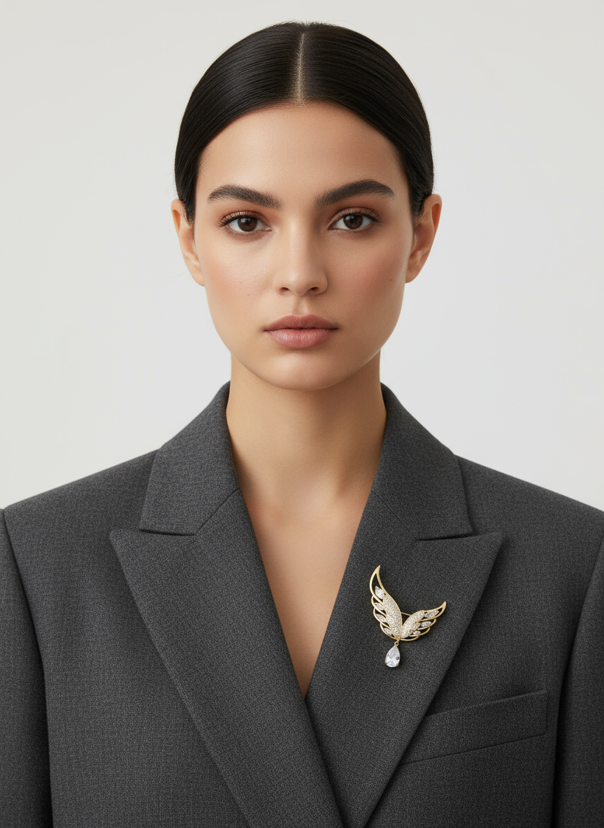 Unisex Wing Brooch in Gold with Crystal Drop