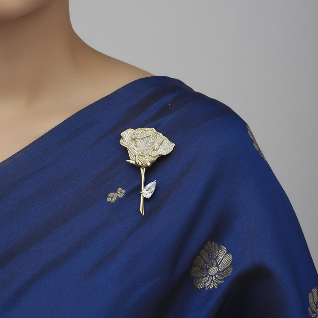 Unisex Rose Brooch in Gold with Crystal Detailing