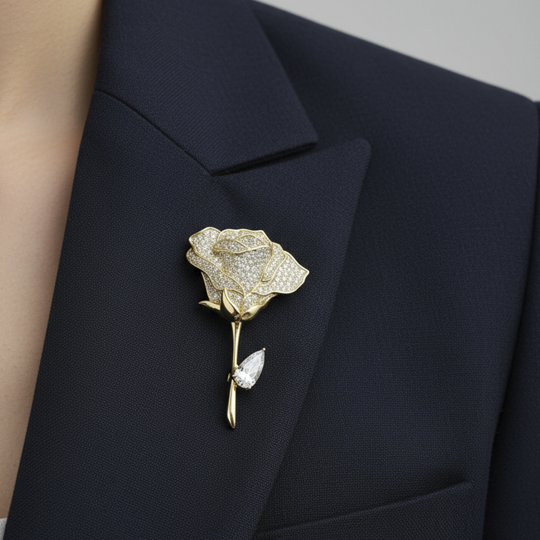 Unisex Rose Brooch in Gold with Crystal Detailing