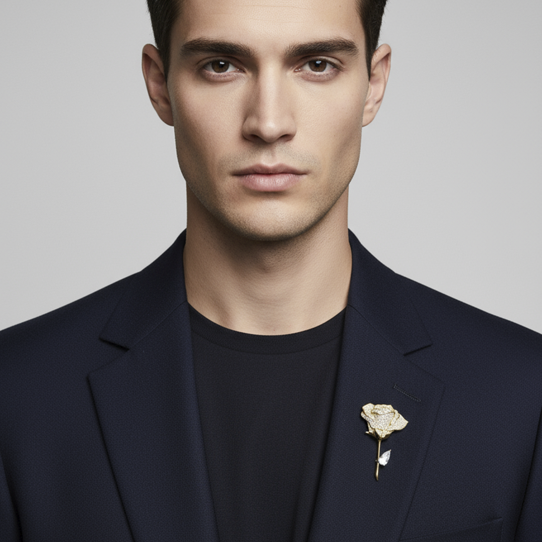 Unisex Rose Brooch in Gold with Crystal Detailing