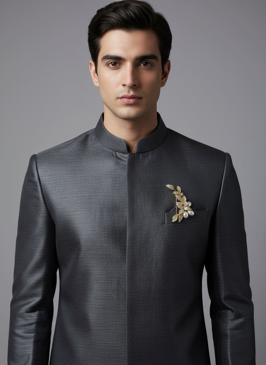 Unisex Floral Leaf Brooch in Gold with Pearls