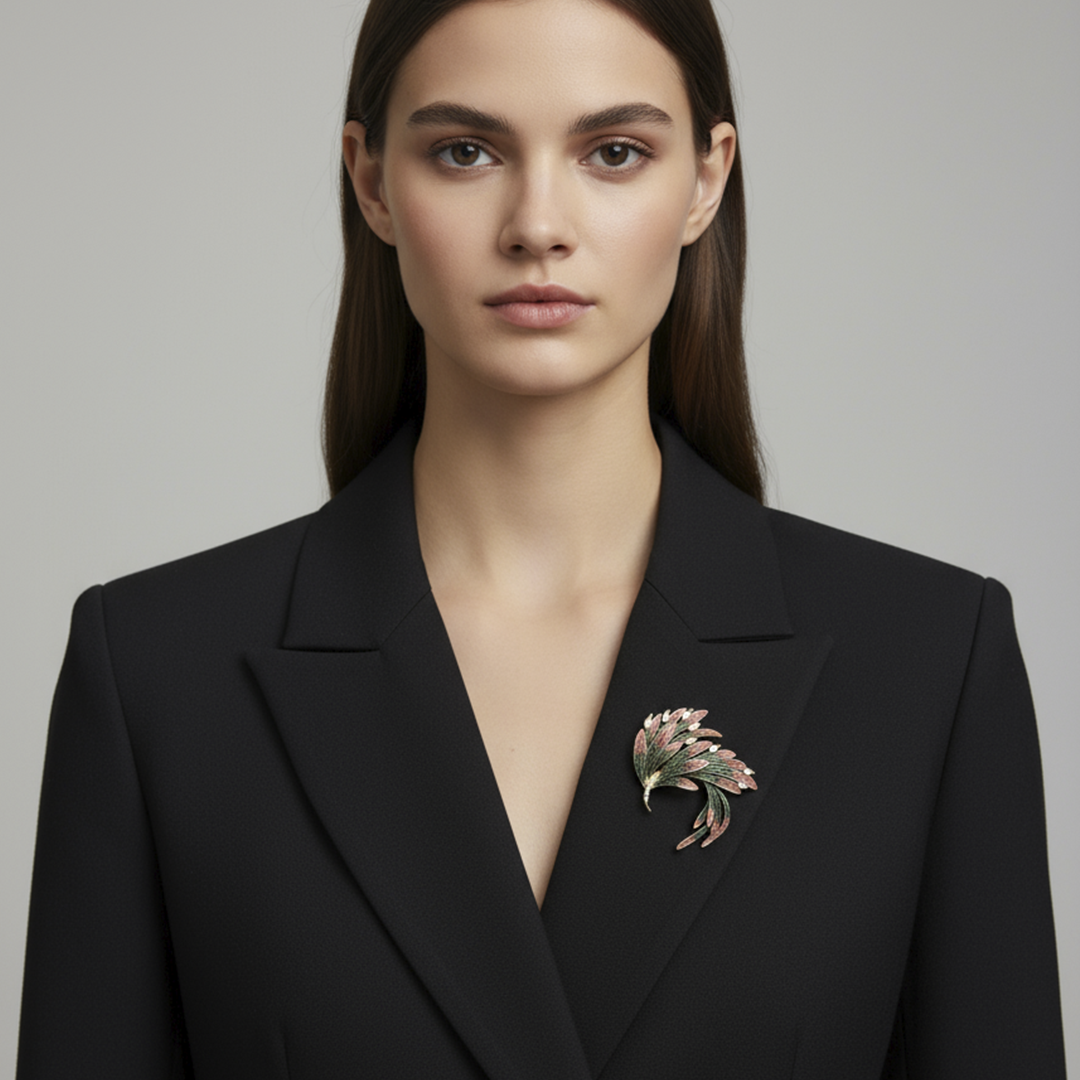 Unisex Feather Brooch in Gold with Pink Accents