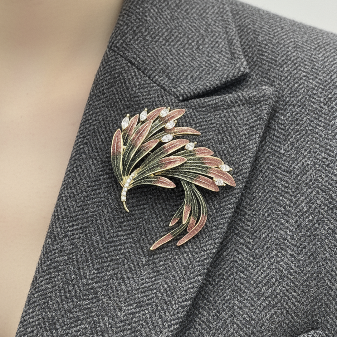 Unisex Feather Brooch in Gold with Pink Accents