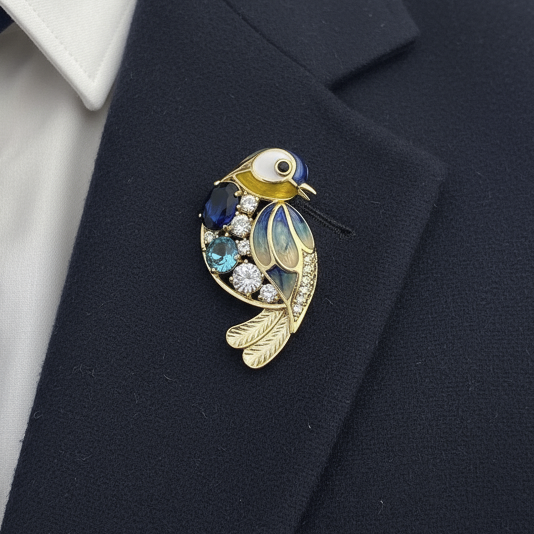 Unisex Bird Brooch in Gold with Blue Accents