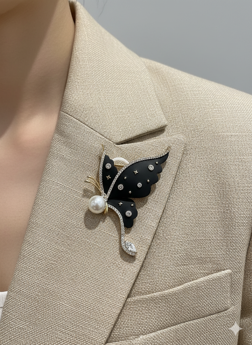 Unisex Butterfly Brooch in Black with Pearl & Crystal Accents