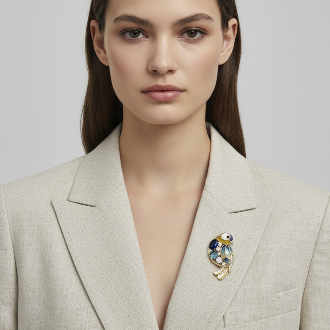 Unisex Bird Brooch in Gold with Blue Accents