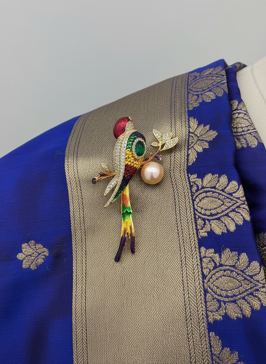 Unisex Parrot Brooch in Gold with Multicolor & Pearl