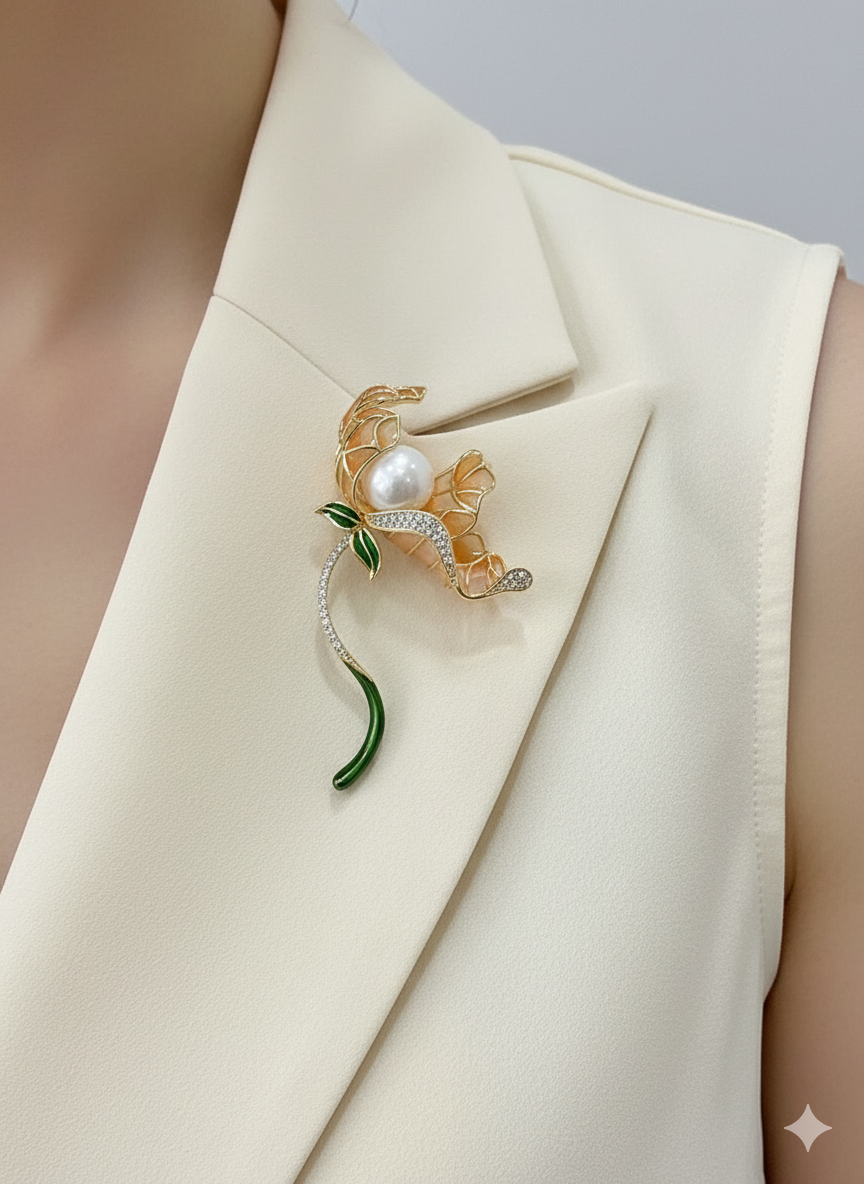 Unisex Floral Brooch in Gold with Pearl & Crystal Accents