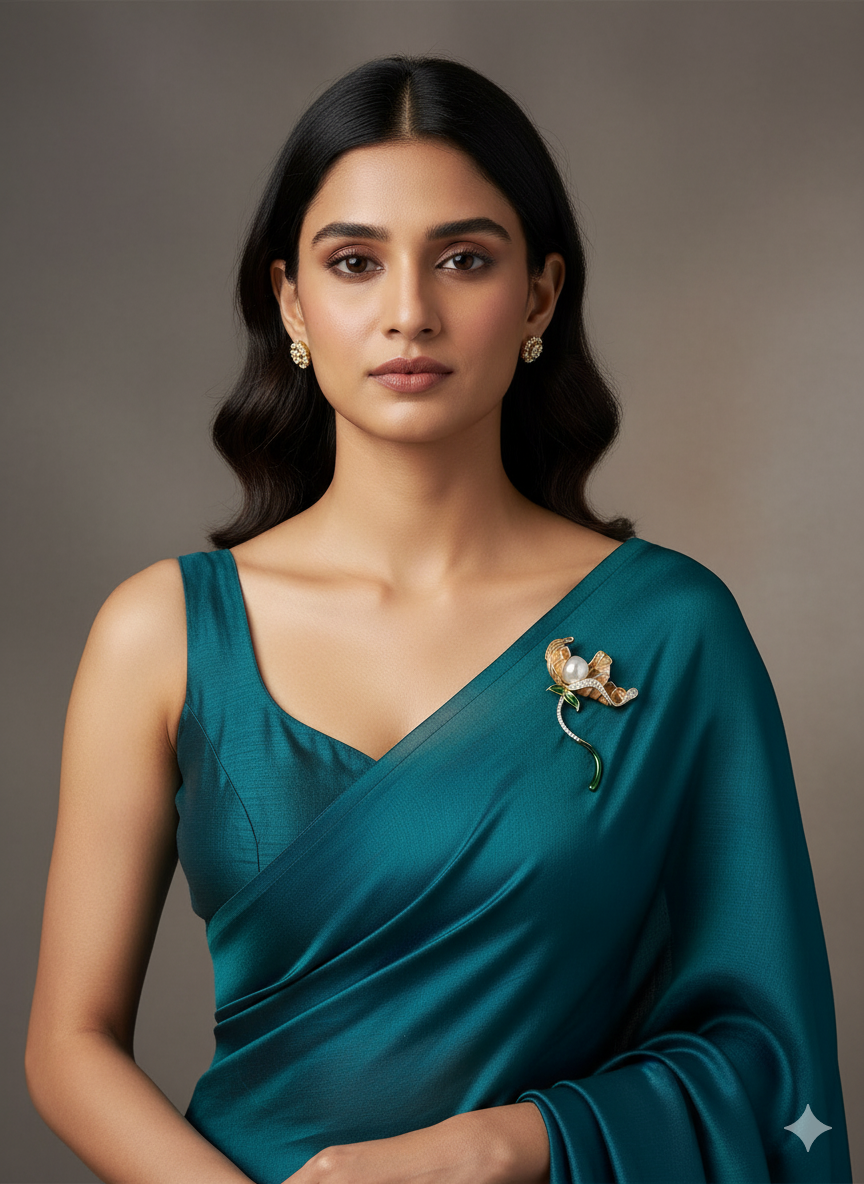 Unisex Floral Brooch in Gold with Pearl & Crystal Accents