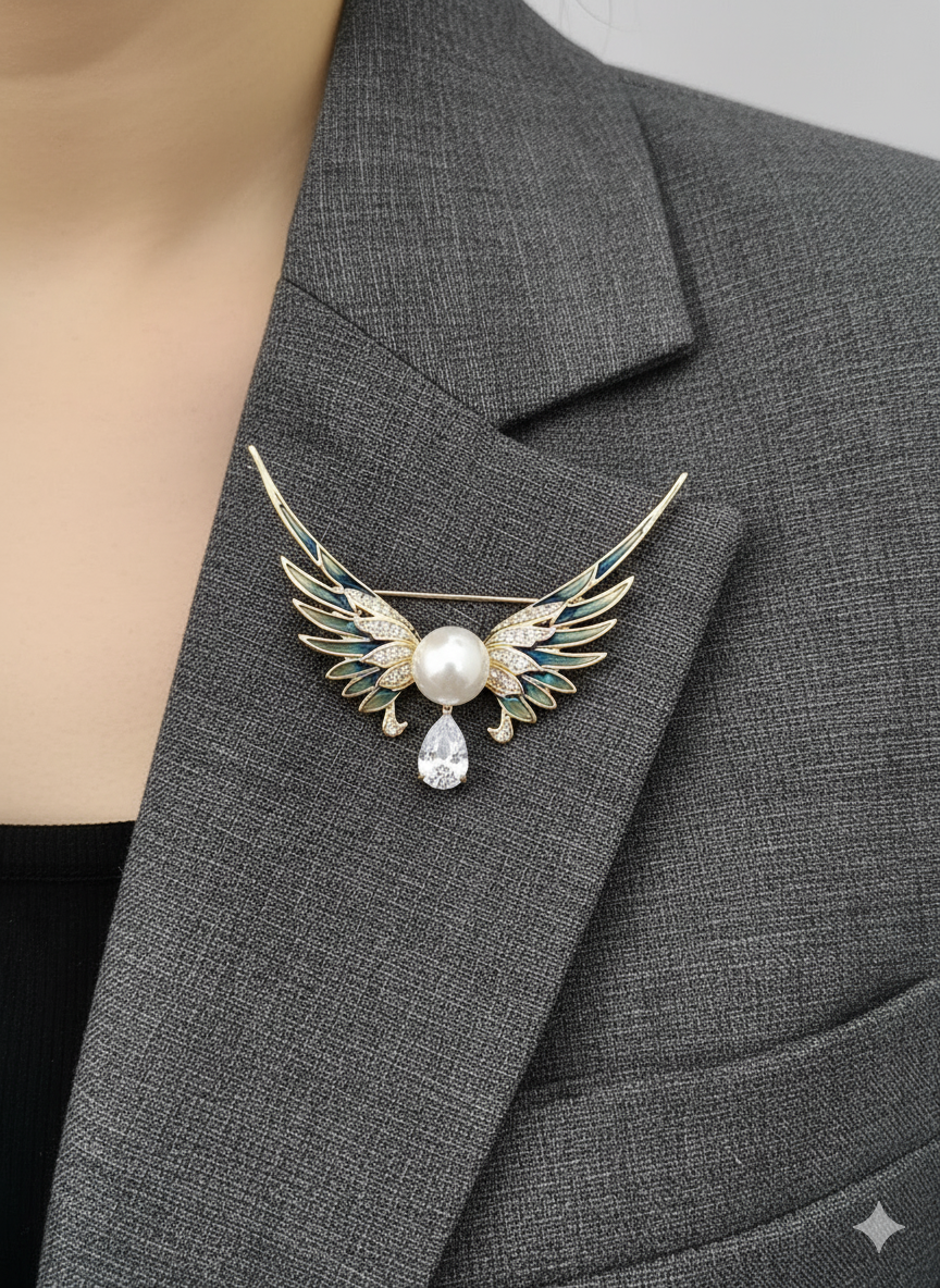 Unisex Winged Pearl Brooch with Crystal Detailing