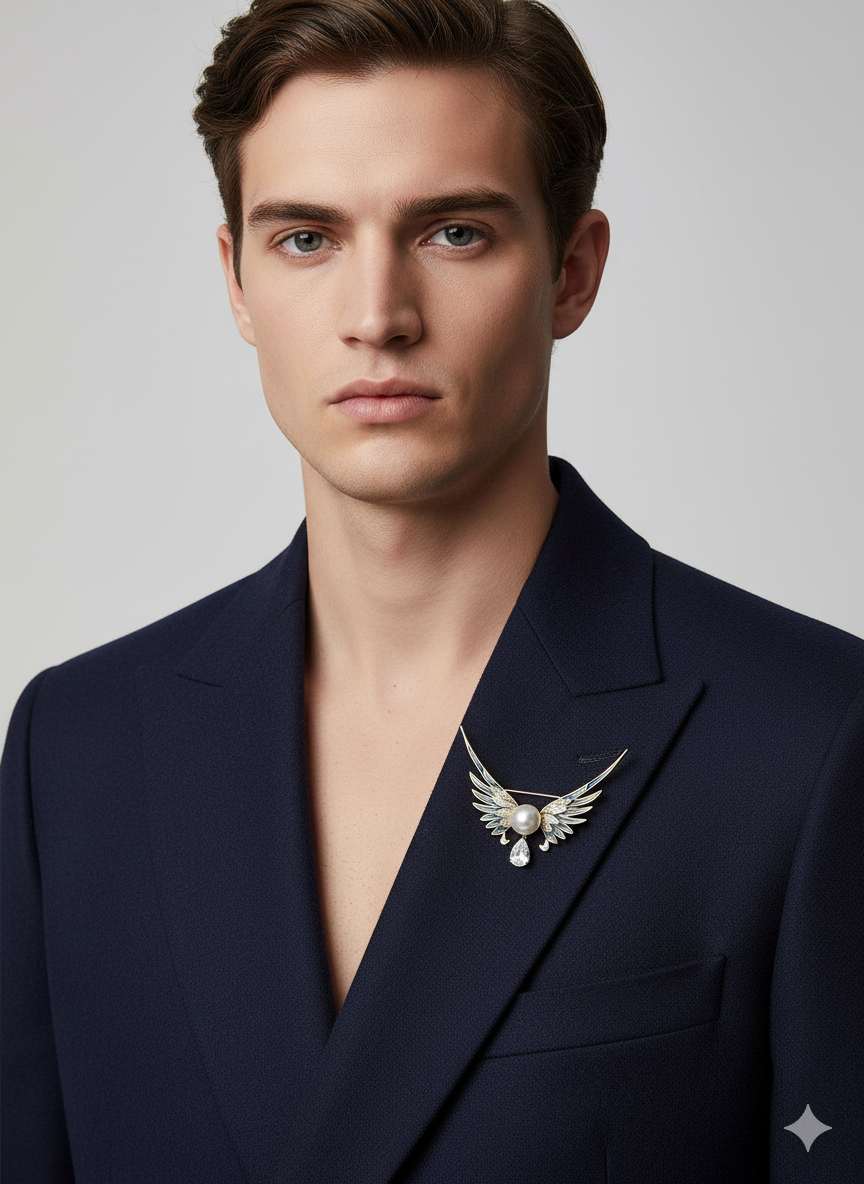 Unisex Winged Pearl Brooch with Crystal Detailing