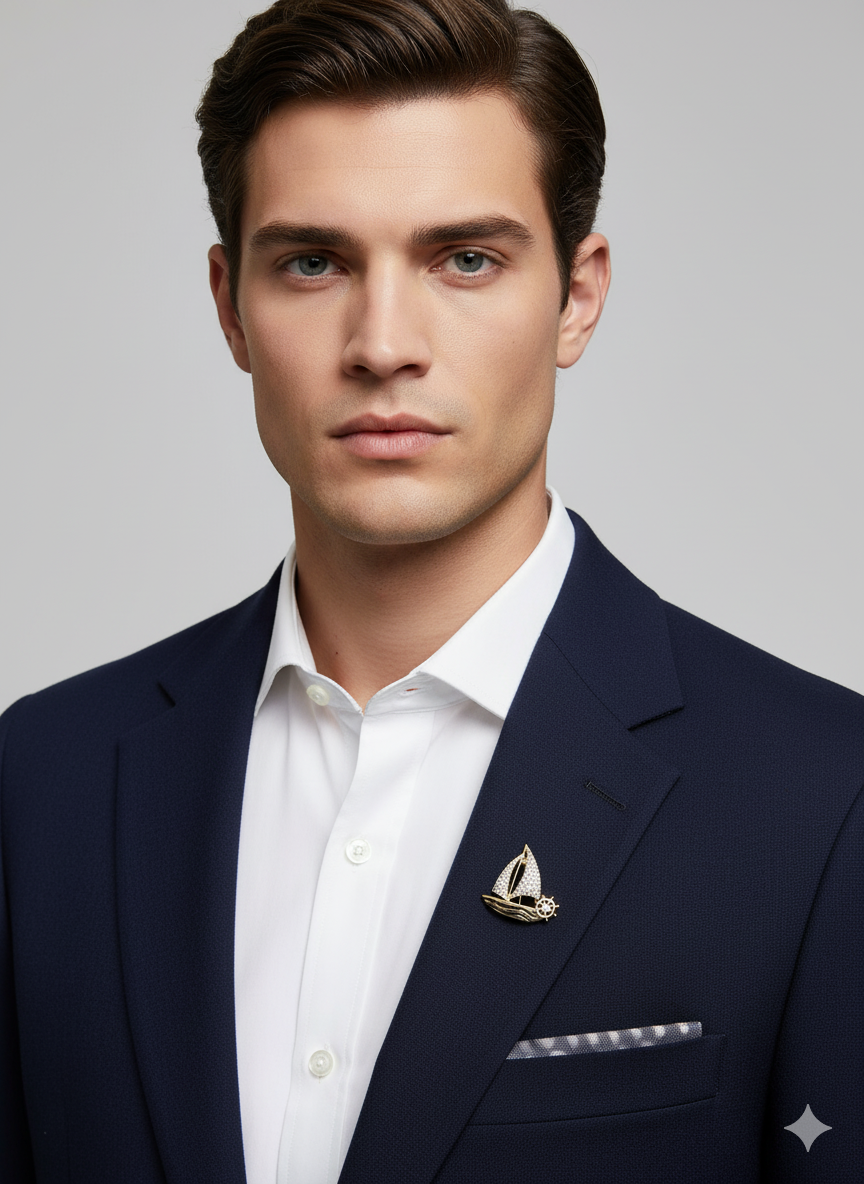 Men Sailboat & Wheel Brooch in Gold with Crystal Accents