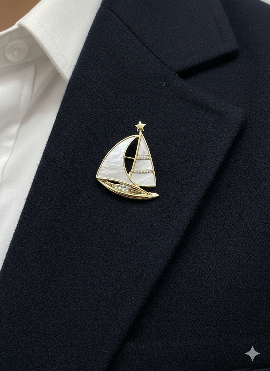 Men’s Sailboat Brooch in Gold with Mother of Pearl & Crystals