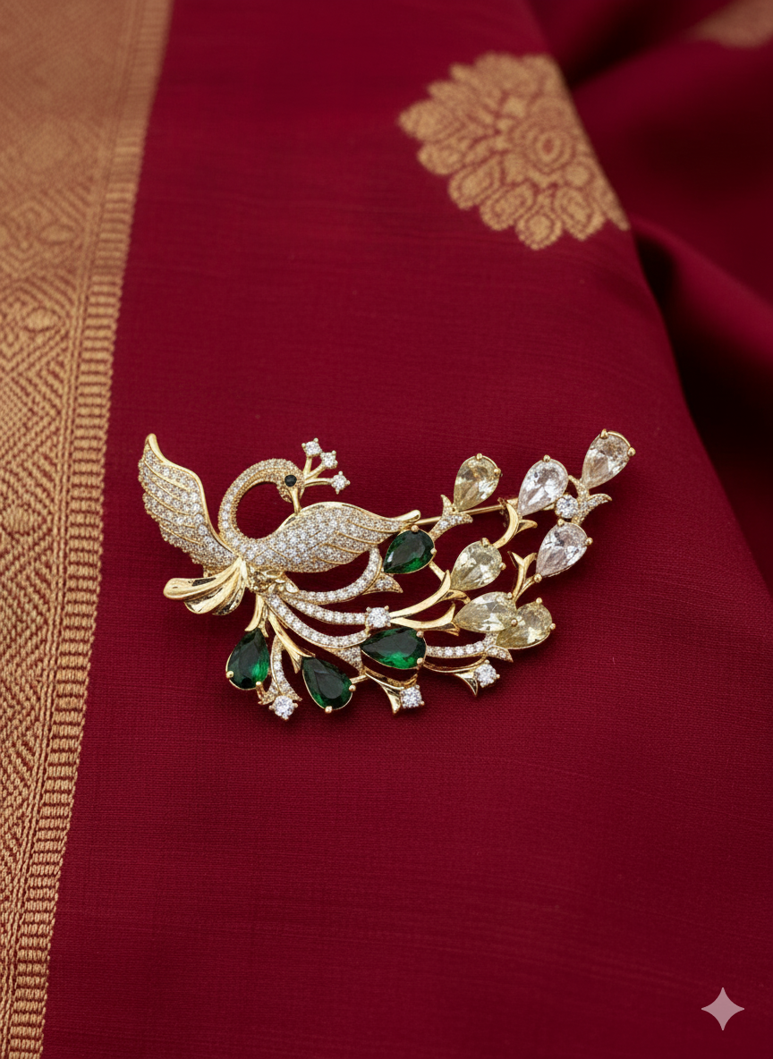 Peacock Crystal & Green Stone Brooch