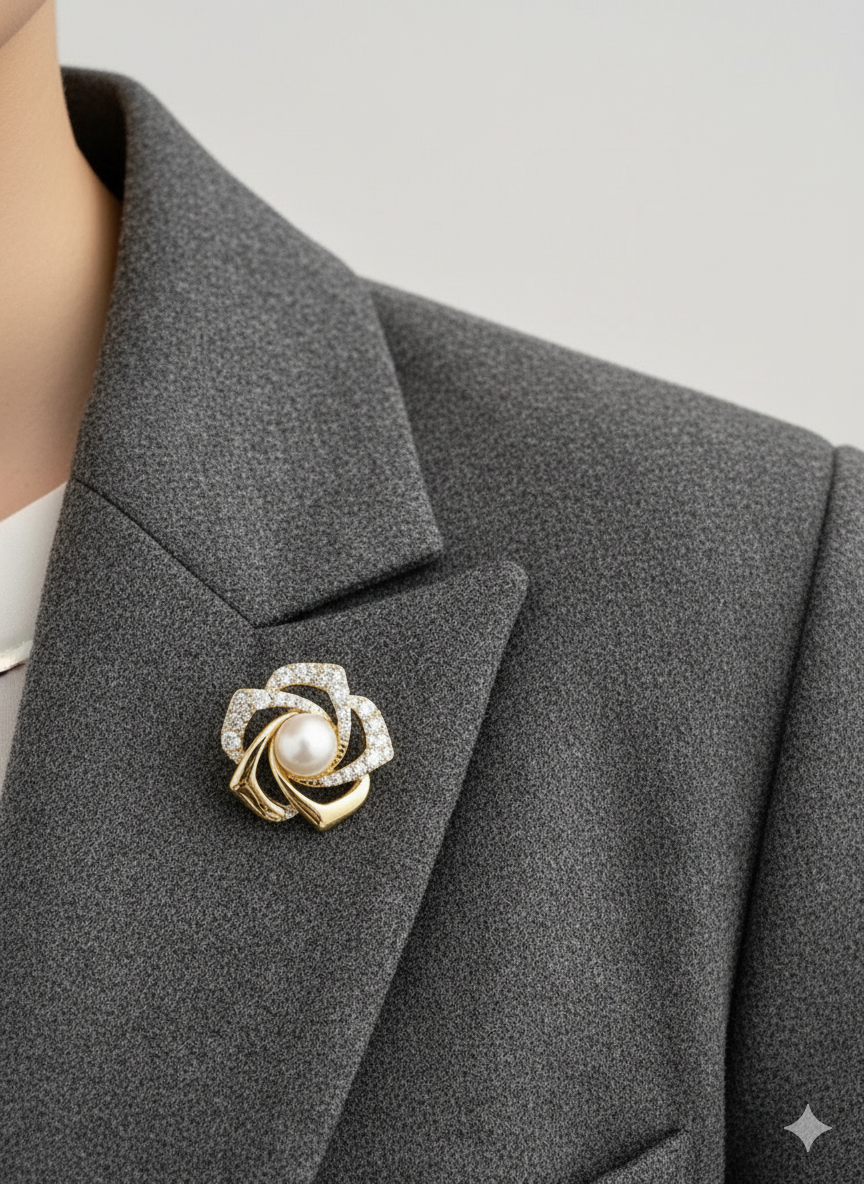 Unisex Pearl Rose Brooch with Crystal Accents