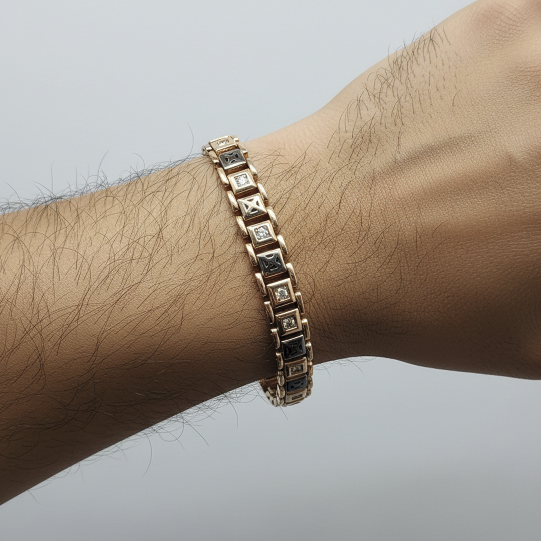 Men’s Rose Gold Square Link Bracelet with Stone Accents