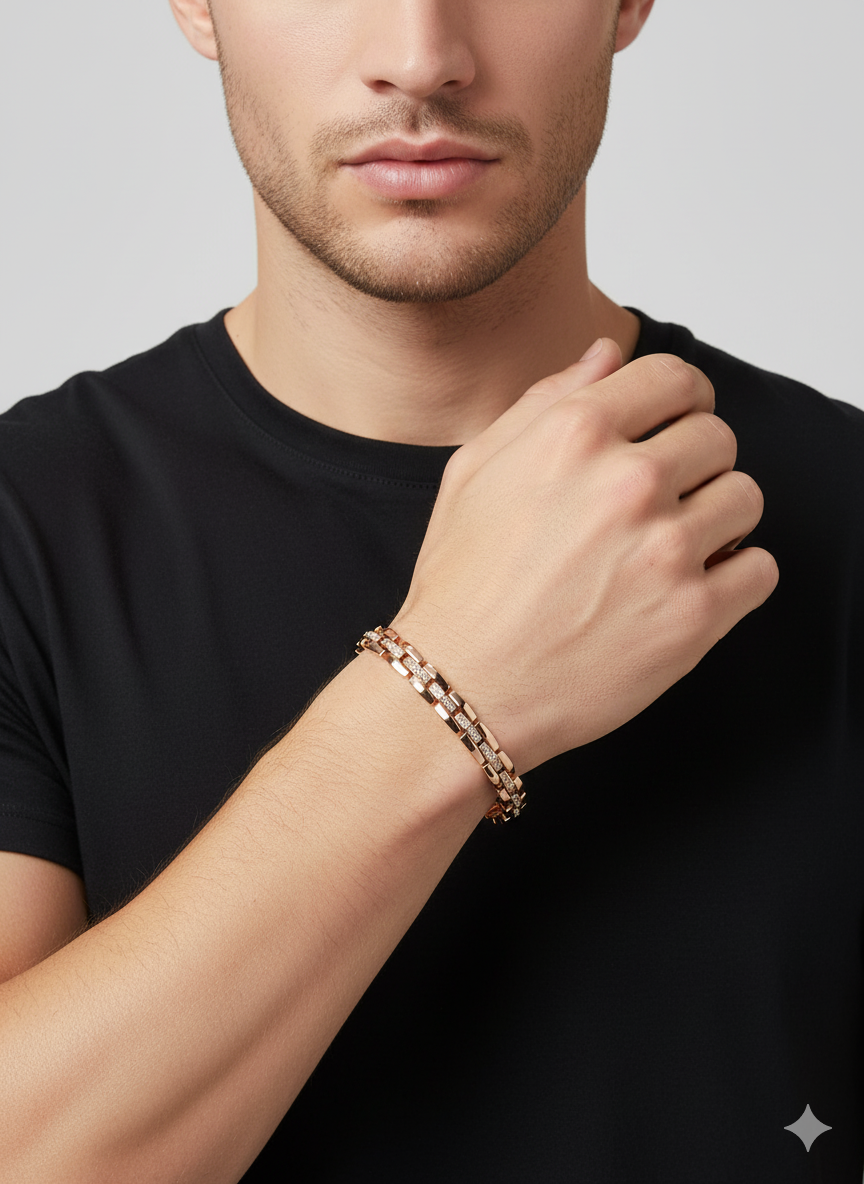 Men’s Rose Gold Box Link Bracelet with Stone Accents