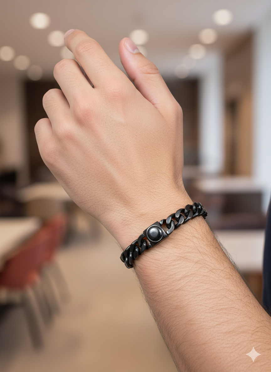 Men’s Black Cuban Bracelet with Stone Clasp