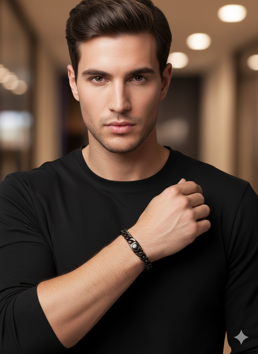 Men’s Black Cuban Bracelet with Stone Clasp