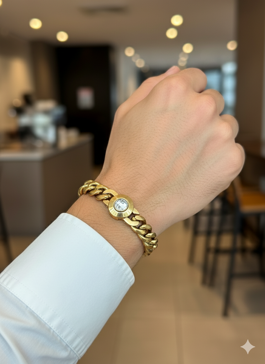 Men’s Gold Cuban Bracelet with Stone Clasp