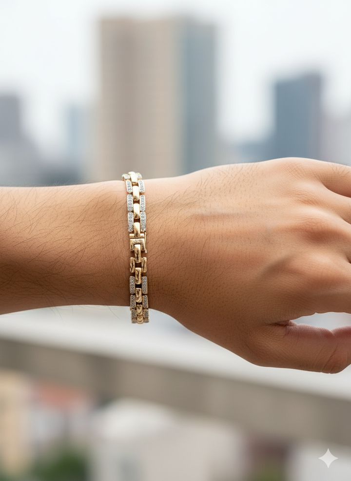 Two-Tone Diamond Cut Link Bracelet in Gold and Silver Tone - Worn on Wrist