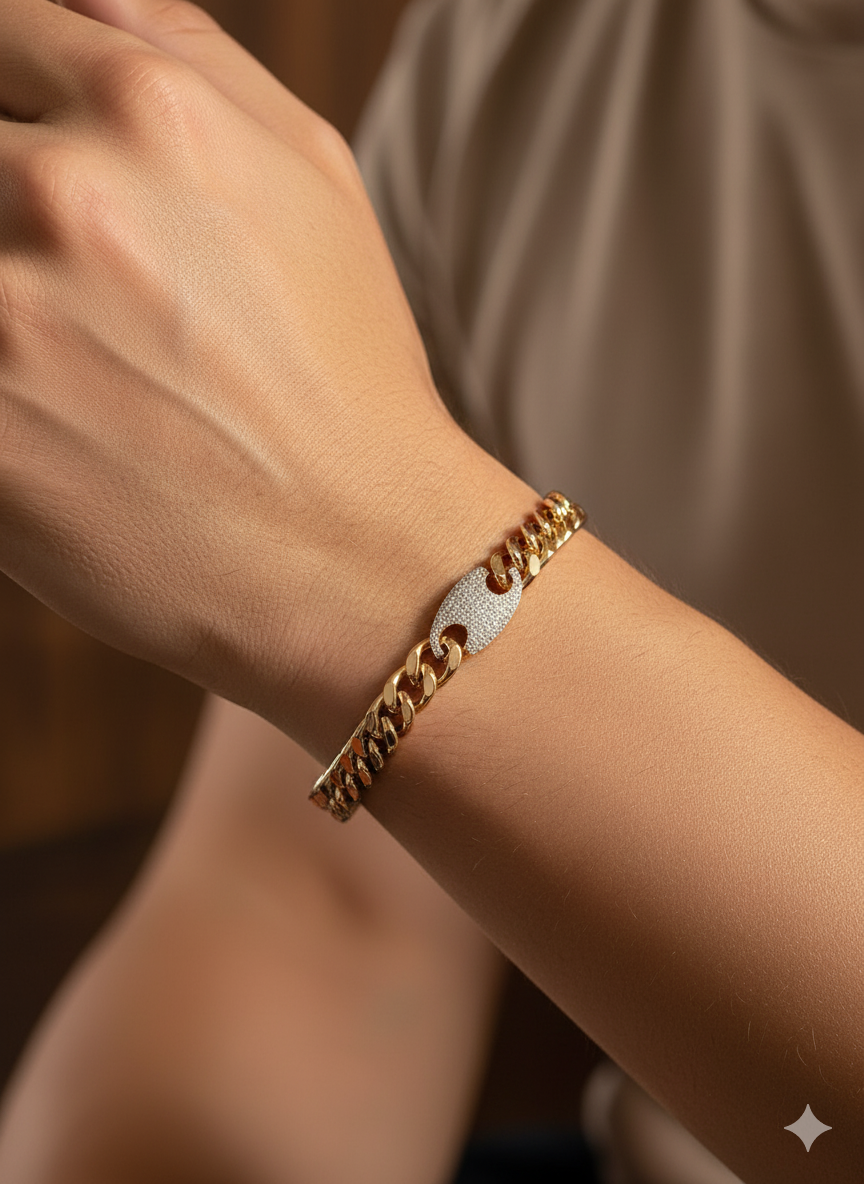 Gold Cuban Bracelet with Stone-Studded Center