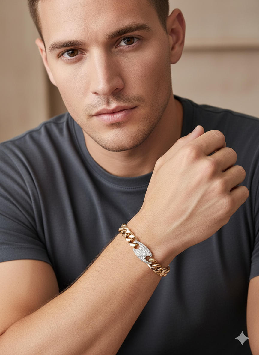 Gold Cuban Bracelet with Stone-Studded Center