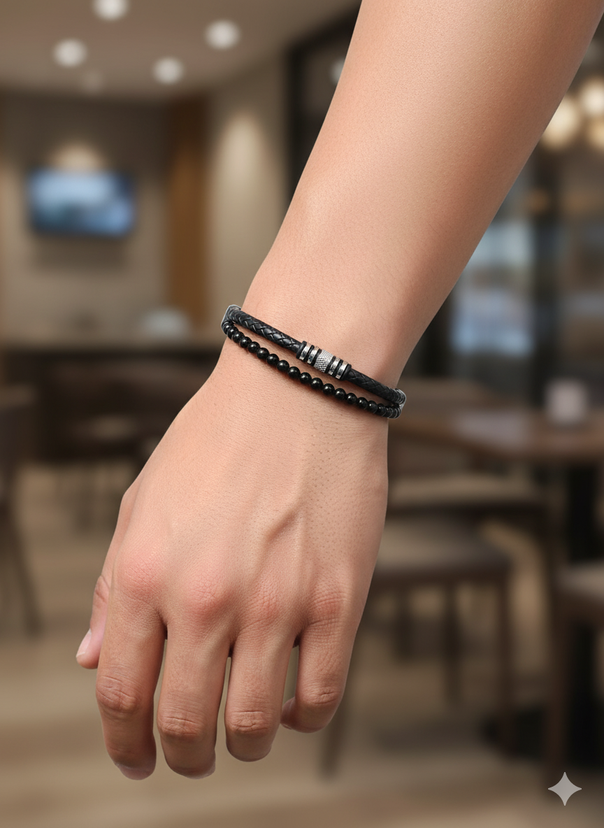 Black Leather & Beaded Wrap Bracelet for Men