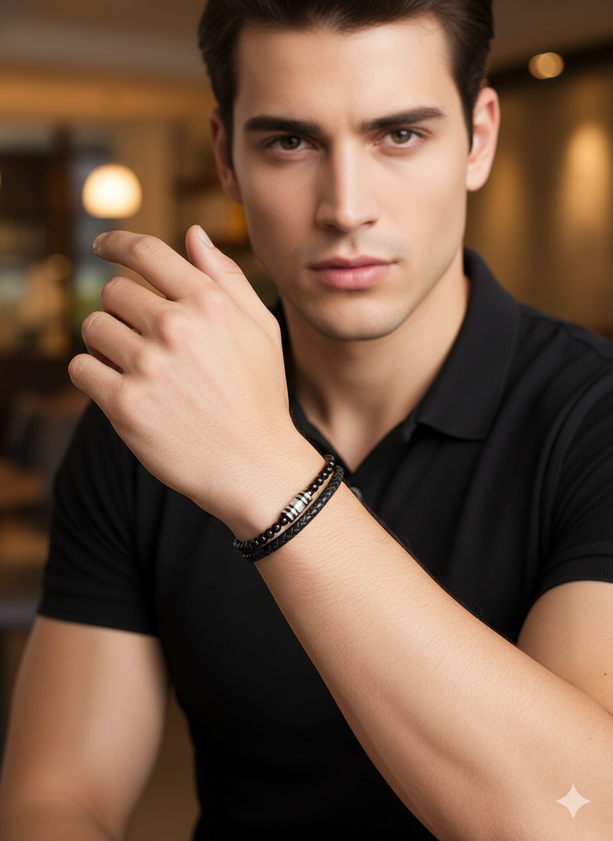 Black Leather & Beaded Wrap Bracelet for Men