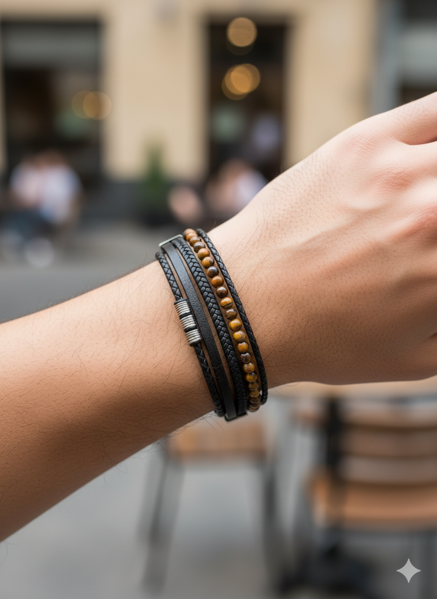 Black Leather & Tiger Eye Wrap Bracelet for Men