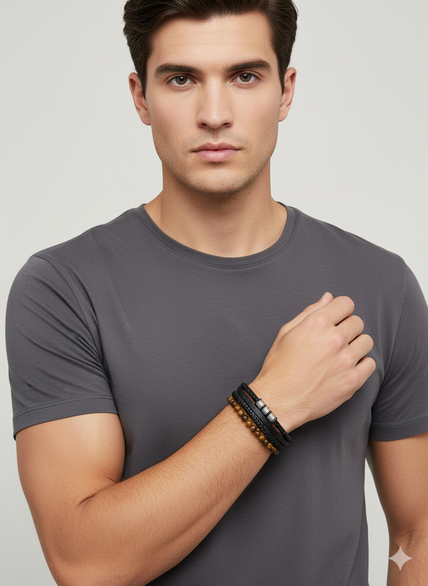 Black Leather & Tiger Eye Wrap Bracelet for Men