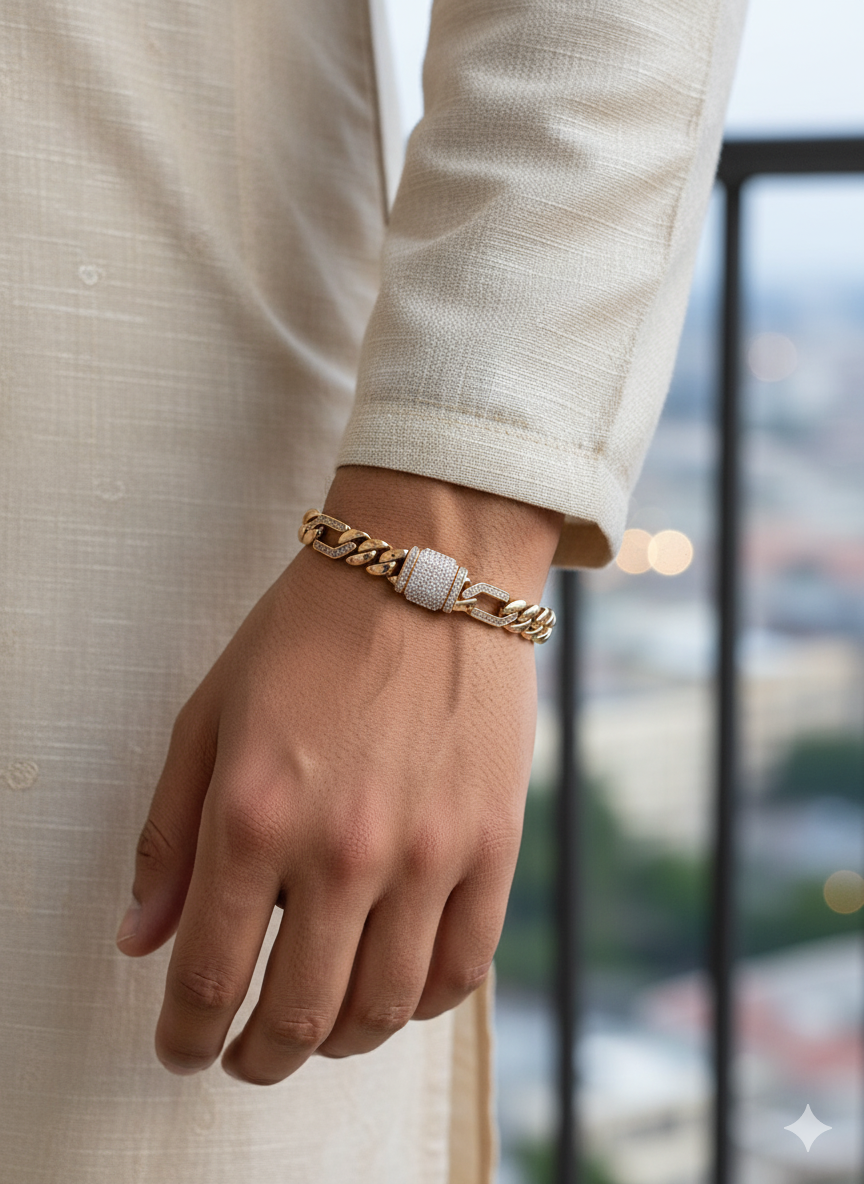 Gold Cuban Link Bracelet with Diamond Centerpiece