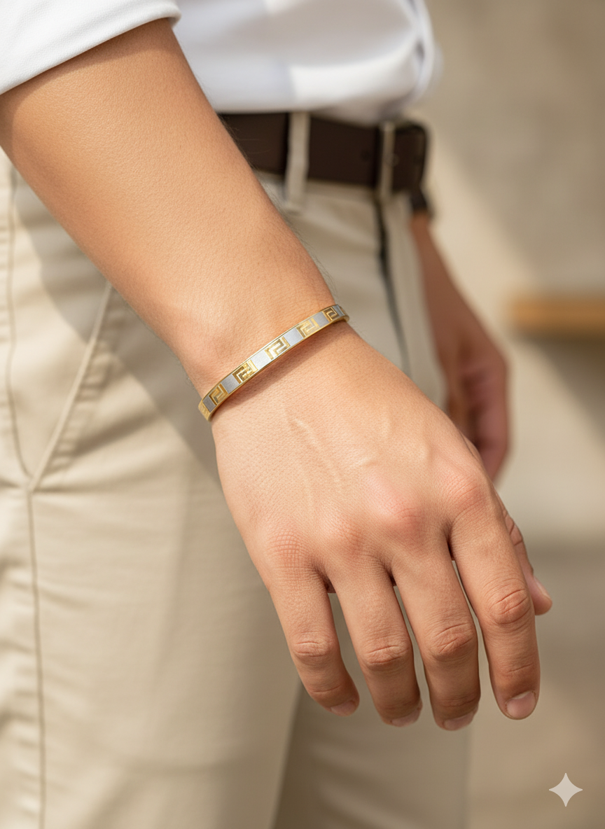 Men’s Gold Kada Bracelet with Greek Key Design