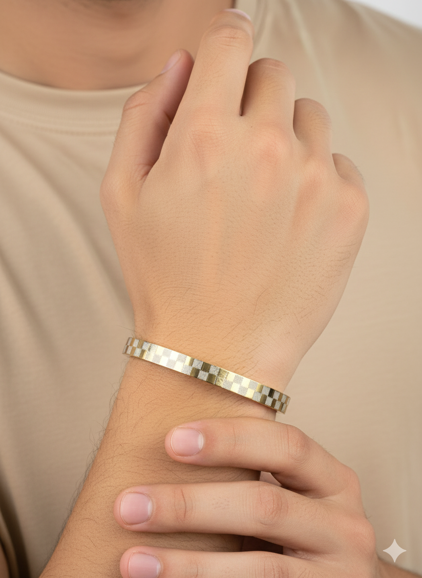 Men’s Gold Kada Bracelet with Checkered Design