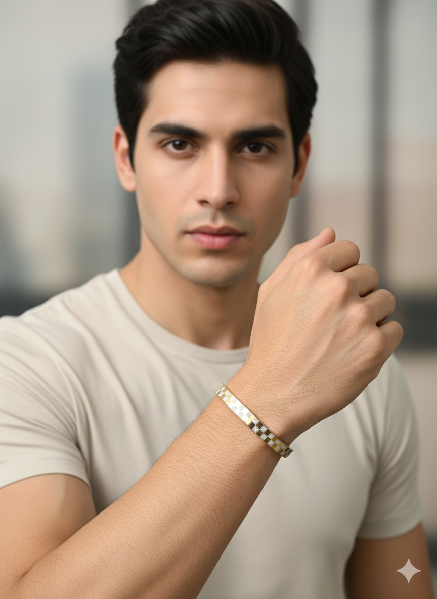 Men’s Gold Kada Bracelet with Checkered Design