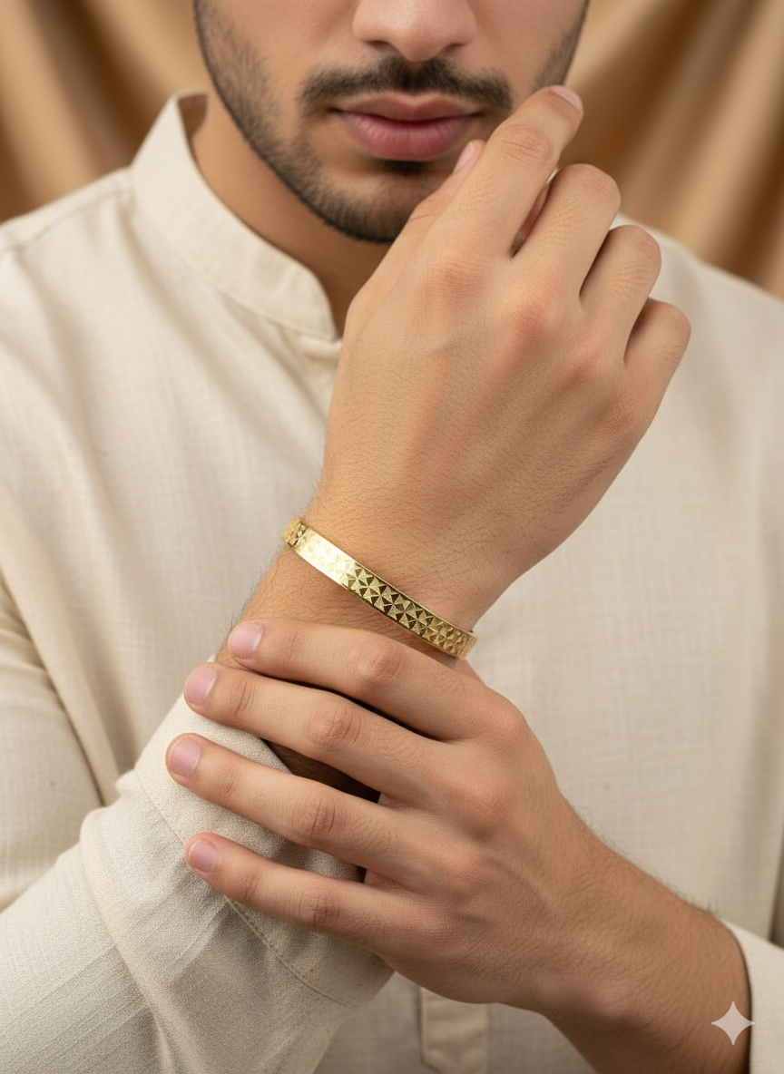 Men’s Gold Kada Bracelet with Textured Detailing