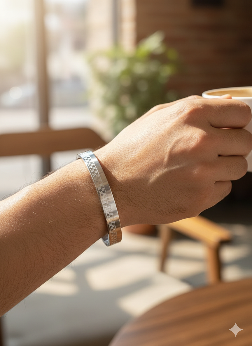 Men’s Silver Kada Bracelet with Textured Detailing