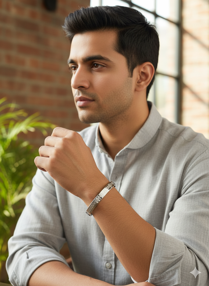 Men’s Silver Kada Bracelet with Textured Detailing