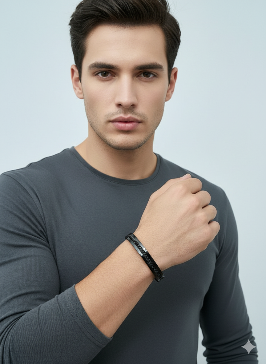 Men’s Black Leather Bracelet with Steel Accent