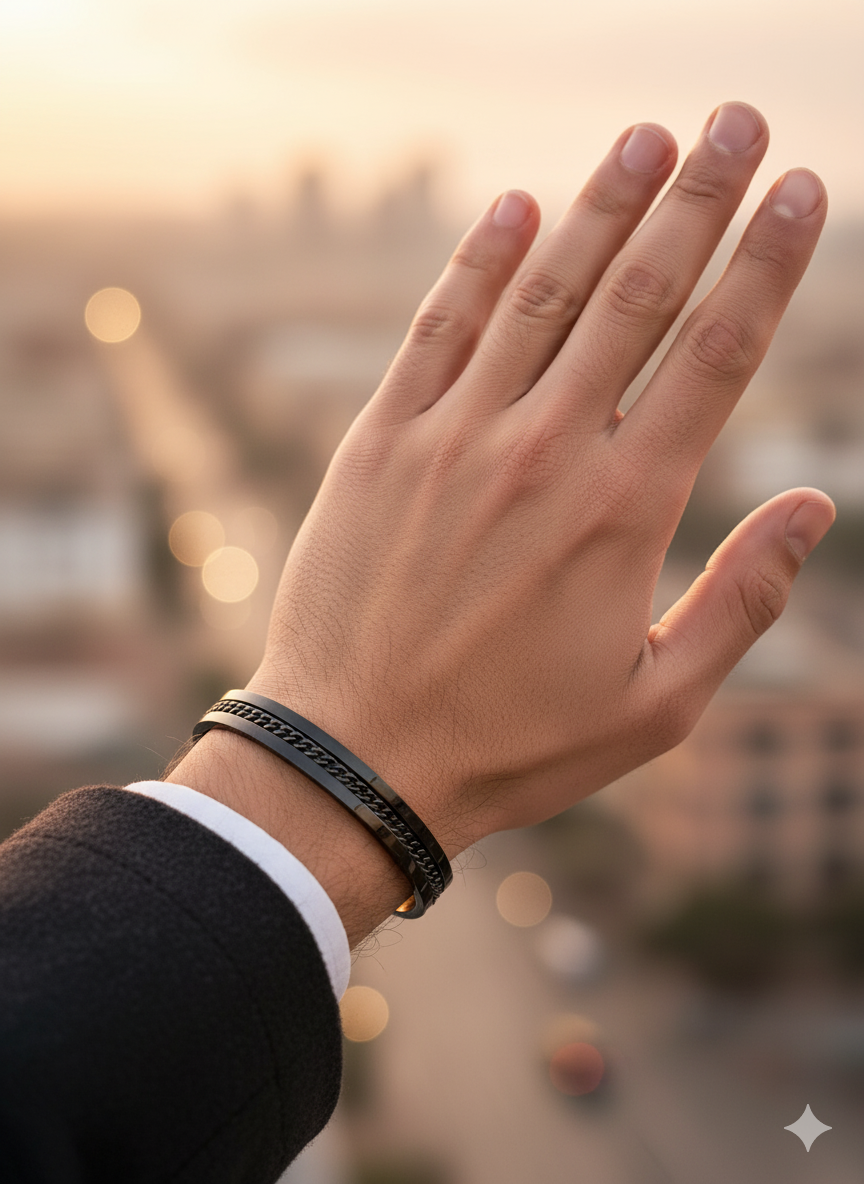 Men’s Black Leather Bracelet with Steel Accent